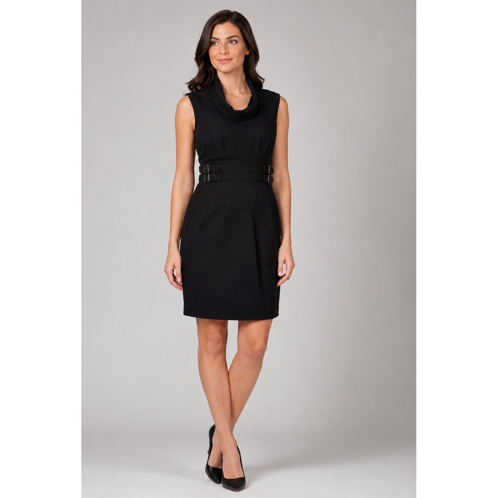 Calvin Klein Dress Womens Small 4-6 Black Cowl Neck Buckle Detail Zip Back Lined